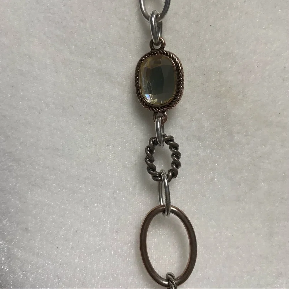 Long link silver and gold tone adjustable necklace with faceted yellow jewels